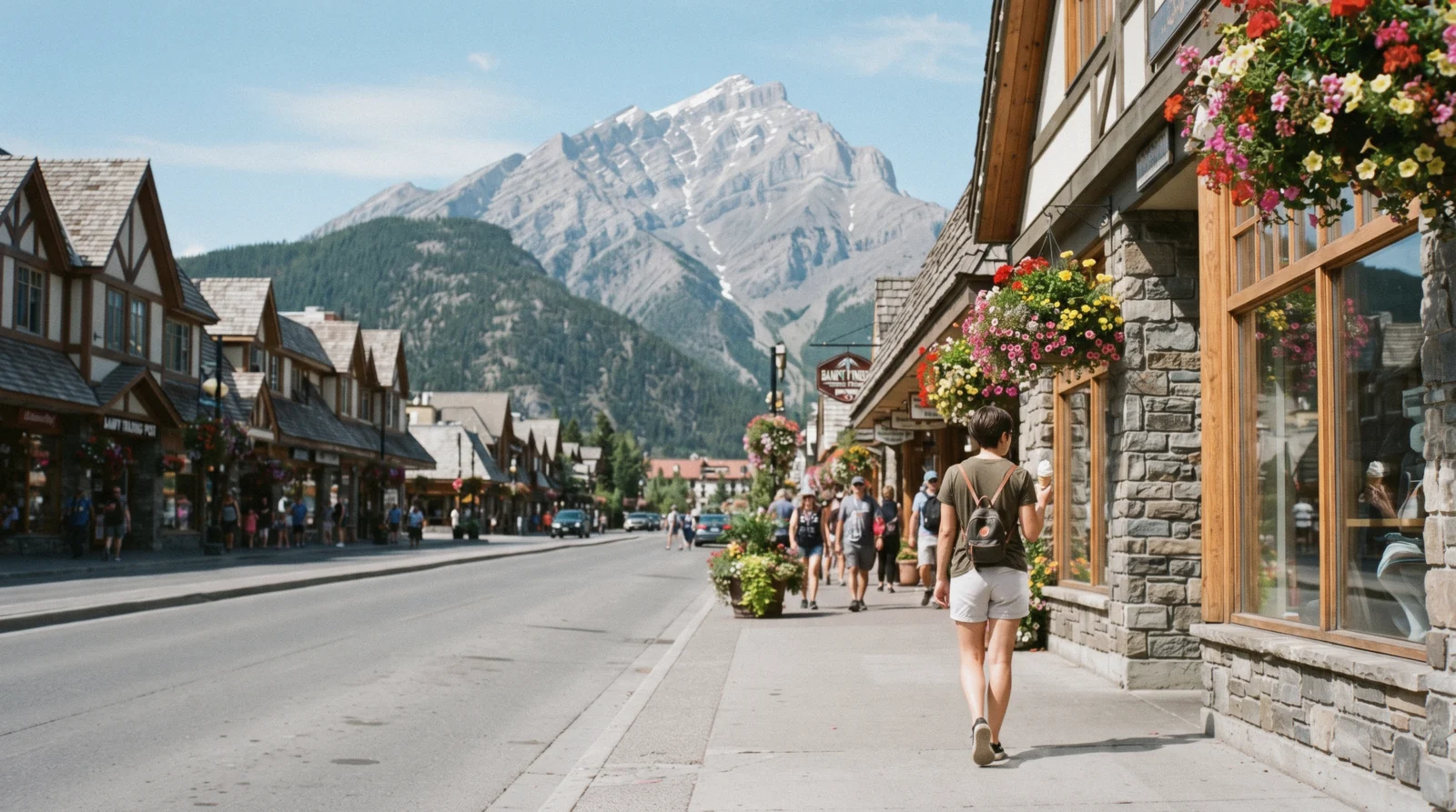 Historic Banff Avenue buildings on a village walking tour
