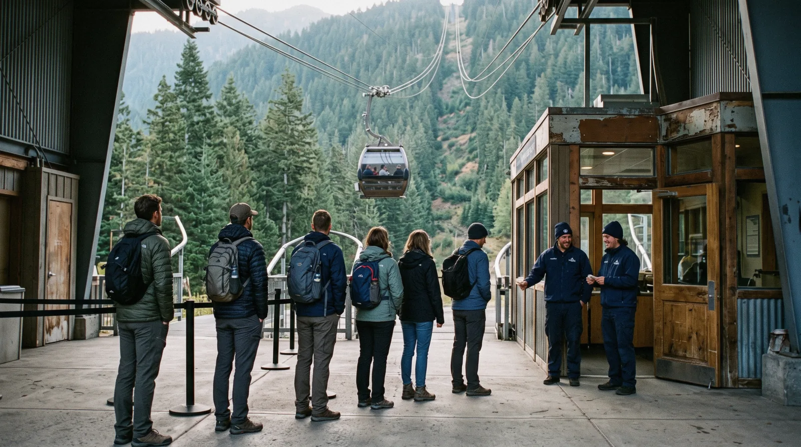 Banff Gondola tickets and the cable car climbing Sulphur Mountain above the Bow Valley near Banff, Alberta