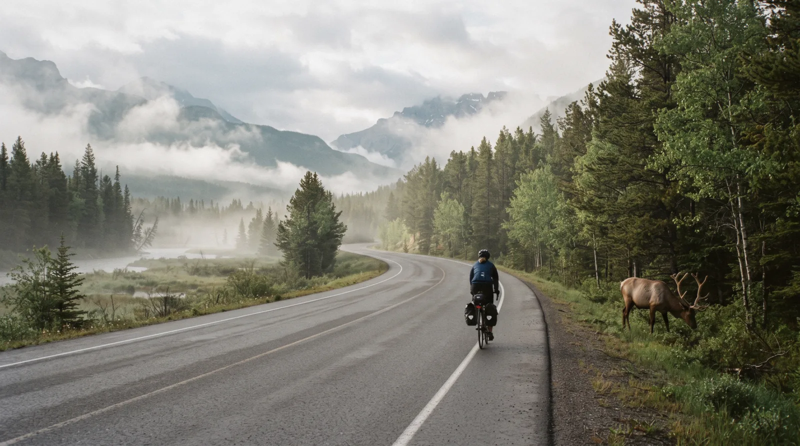 E-bike tour rider on the Bow Valley Parkway to Johnston Canyon