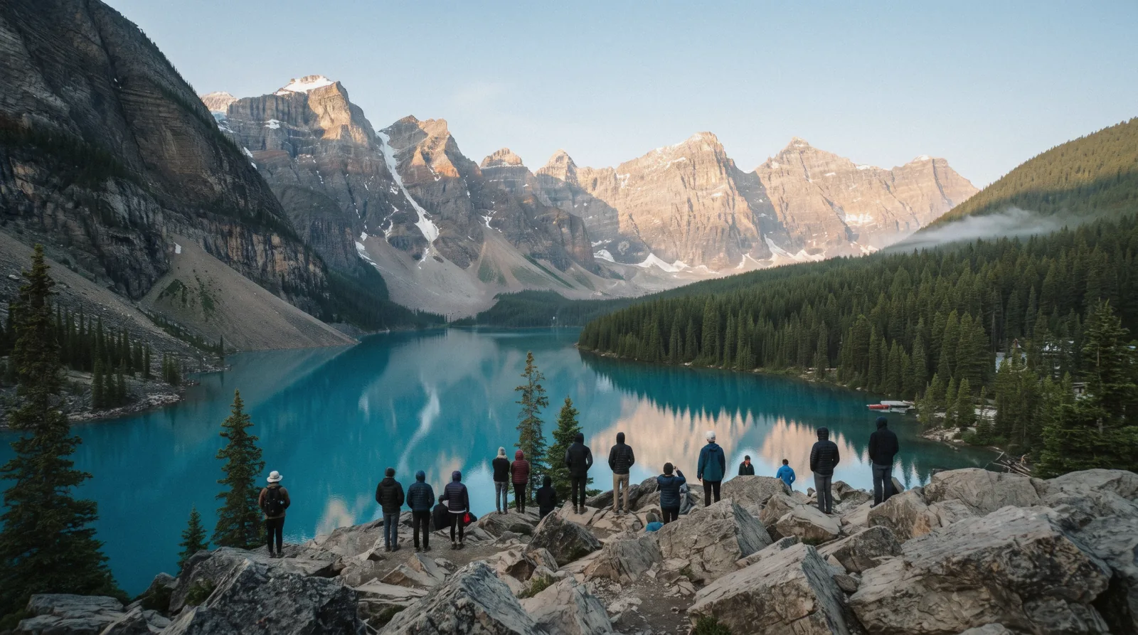 Sunrise over Moraine Lake and the Ten Peaks from the Rockpile viewpoint