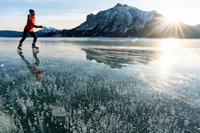 Frozen methane ice bubbles at Abraham Lake on the Icefields Parkway